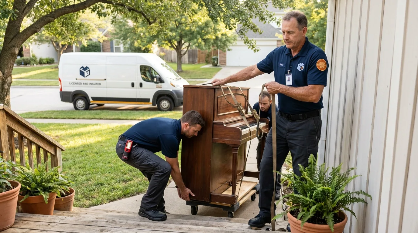 Licensed piano movers securing grand piano in Pueblo, CO