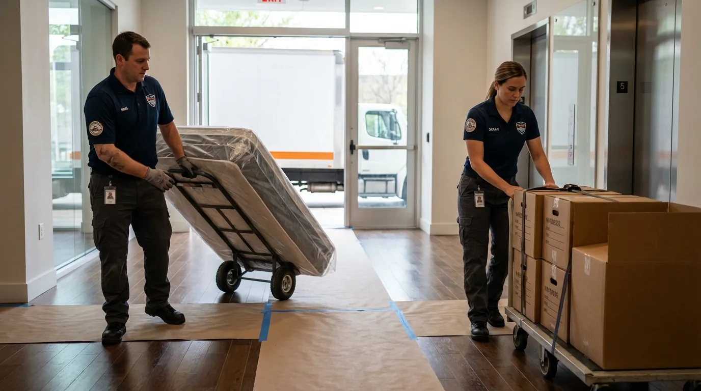 Professional apartment movers loading elevator in Pueblo, CO