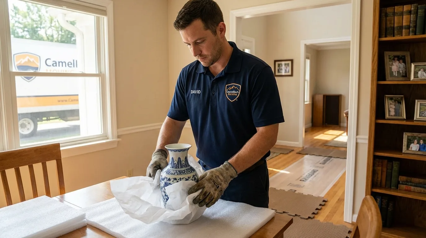 Professional crew carefully wrapping antique vase for senior downsizing move in Pueblo, CO